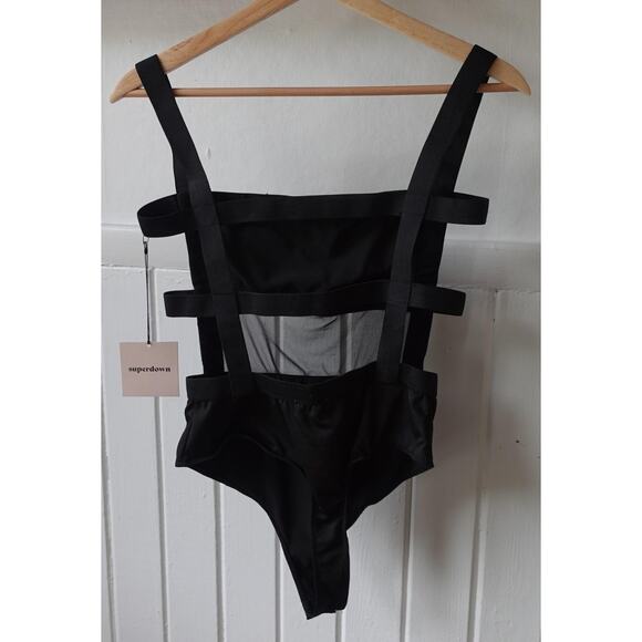 Revolve Superdown Camille Strappy Back Bodysuit Small Black Mesh Cutout Sexy Top - Picture 8 of 13